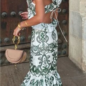 Green & White Eyelet XS Open Back Dress